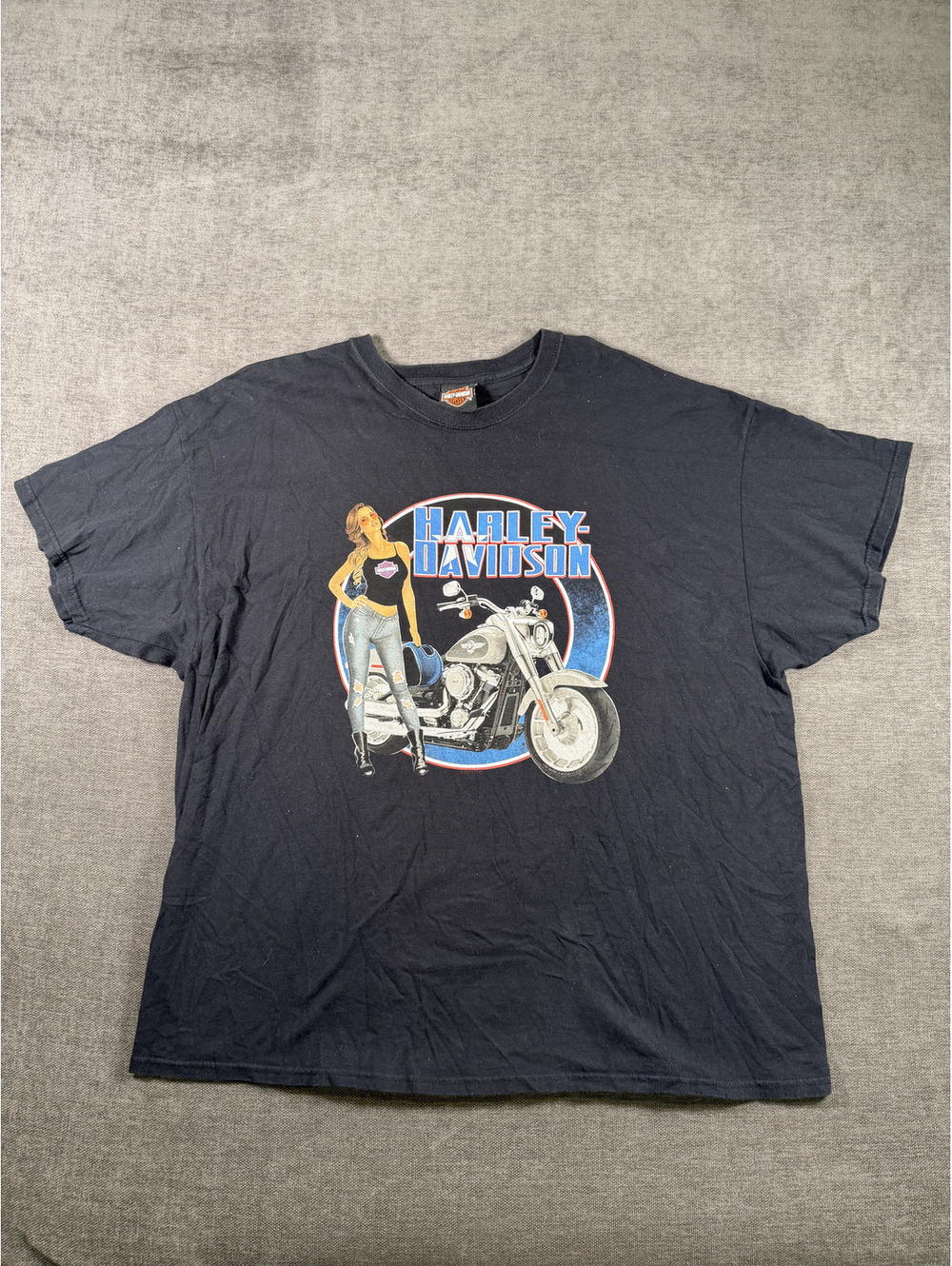 Harley-Davidson 2XL Black Graphic T-Shirt with Motorcycle and Woman Print